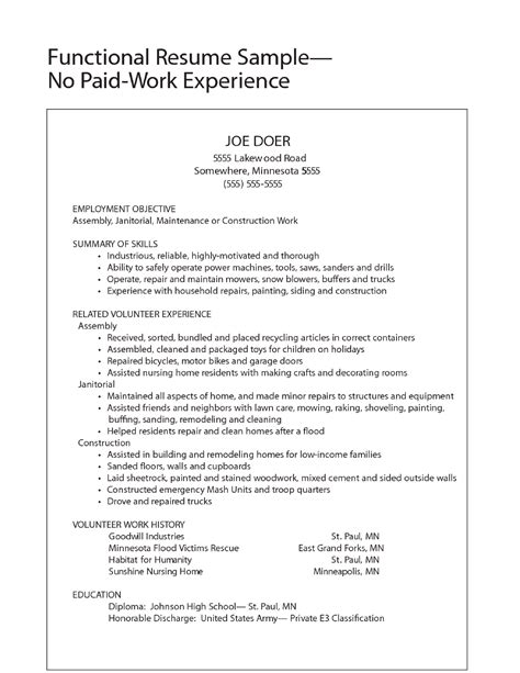 functional work experience resume sample templates  allbusinesstemplatescom