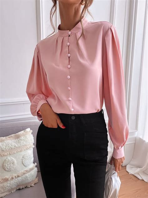 Bishop Sleeve Button Up Blouse Shein Usa Fashion Tops Clothes