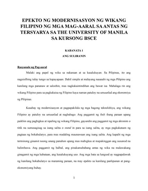 epekto ng modernisasyon ng wikang filipino ng mga mag aaral ng