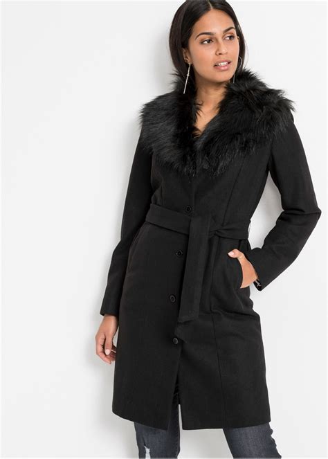 elegante lange jas met een kraag van imitatiebont en een knoopsluiting zwart  maat