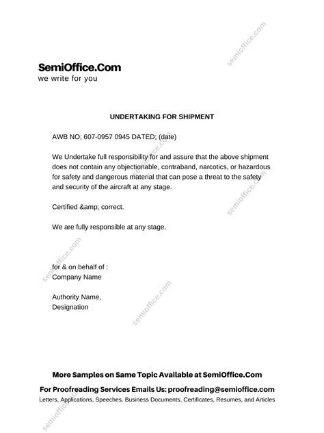 sample undertaking letter  shipment template  semiofficecom