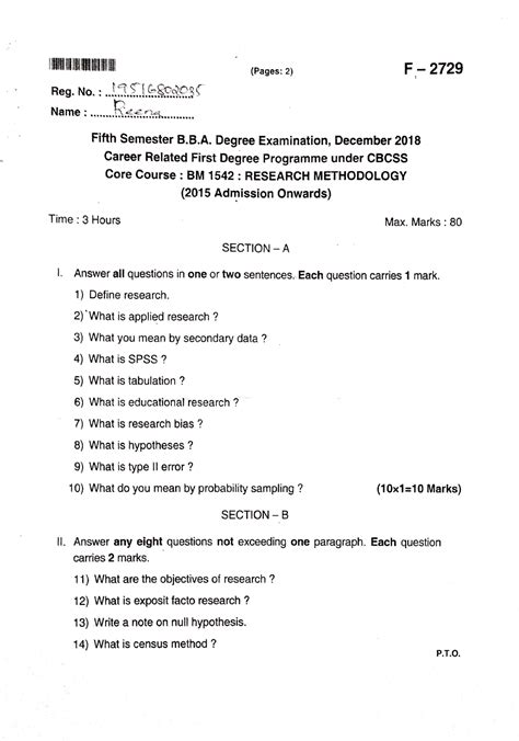 research methodology previous question paper bm    pages