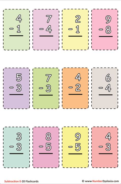 printable subtraction flash cards   printable cards