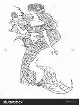 Mermaid Coloring Flower Illustration Pages Holding Shutterstock Adult Colouring Little Mermaids sketch template