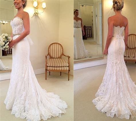 Real Beautiful White Lace Long Wedding Dresses Sweep Train