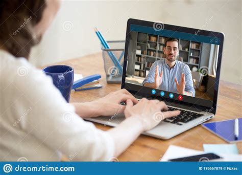 female employer interview applicant  video call stock image image