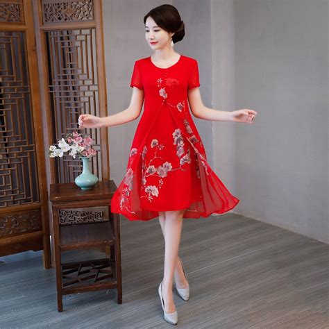 shanghai story knee length chinese cheongsam dress short sleeve chiffon