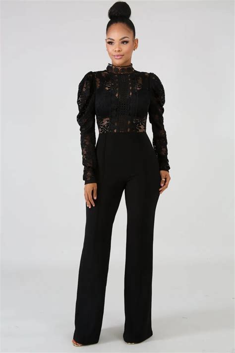 lace patchwork women jumpsuit casual long sleeve o neck sexy hollow out
