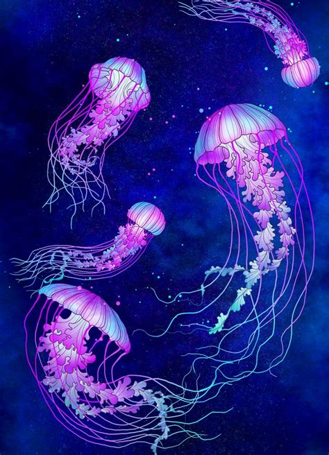 purple jellyfish floating   ocean  night