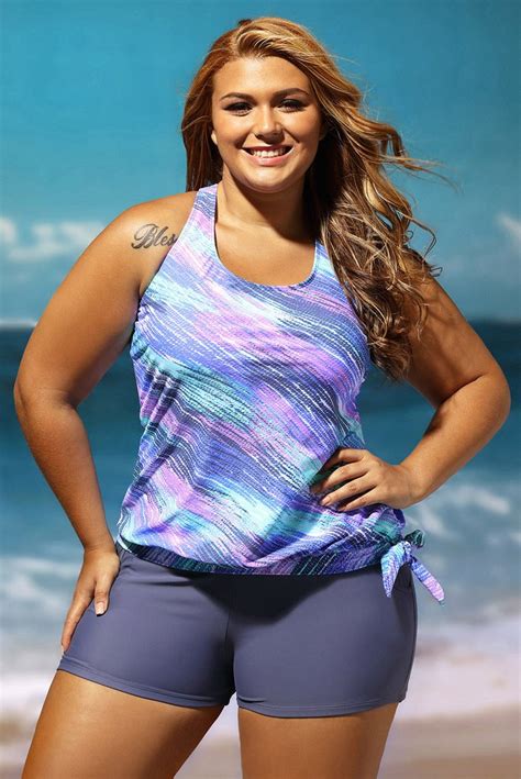 Plus Size Bluish Print Blouson Tankini Swimsuit With Grey