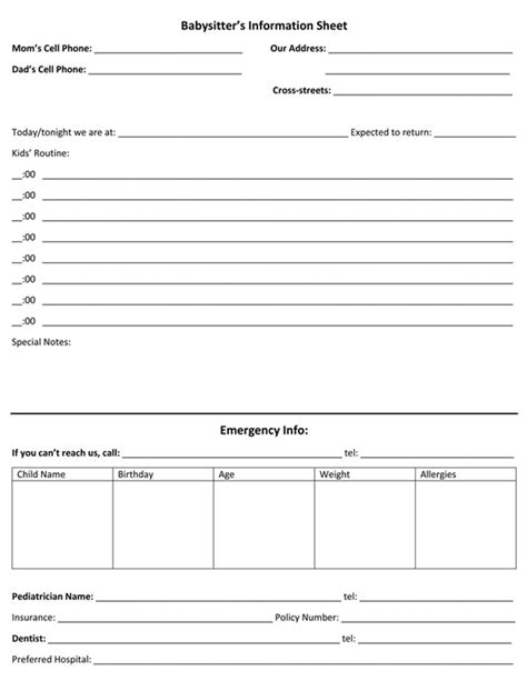 printable babysitter emergency information sheet babysittersheet