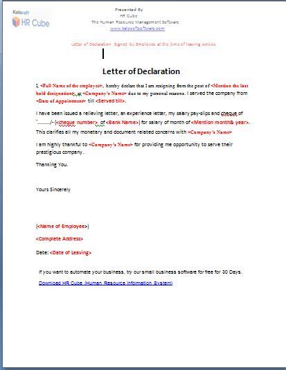 letter  declaration  template letterhead format
