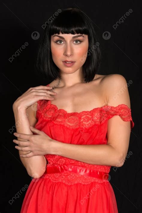 Beautiful Slender Brunette In A Red Dress Photo Background And Picture