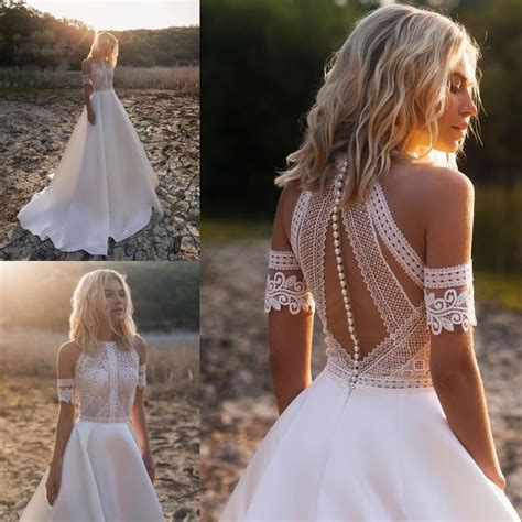 2019 Bohemian Wedding Dresses Jewel Lace Satin Bridal