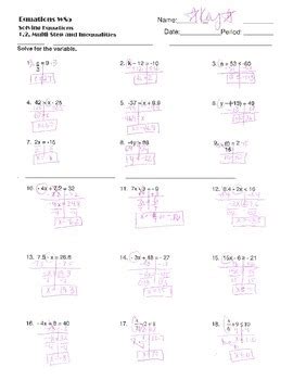 solving equations  inequalities worksheet  camfan tpt