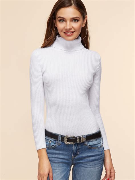 white ribbed knit turtleneck slim fit sweater shein