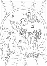 Coloring Space Adults Travel Woman Easy Dream Dreaming Adult Printable Stress Anti Journey Colouring Sheets Shuttle Pretty Detailed Astronaut Stars sketch template