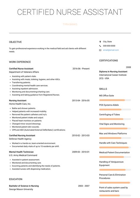 nursing assistant resume samples  templates visualcv