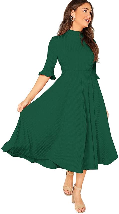 Verdusa Women S Elegant Ribbed Knit Bell Sleeve Fit And Flare Midi