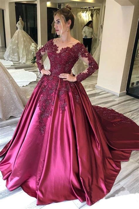 Ball Gown Long Sleeves Burgundy Satin Beads Prom Dresses With Appliques