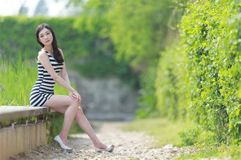 women model asian sitting dress nature plants