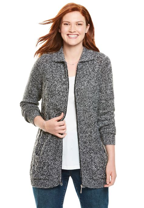 Woman Within Womens Plus Size Marled Zip Front Cable Knit Cardigan