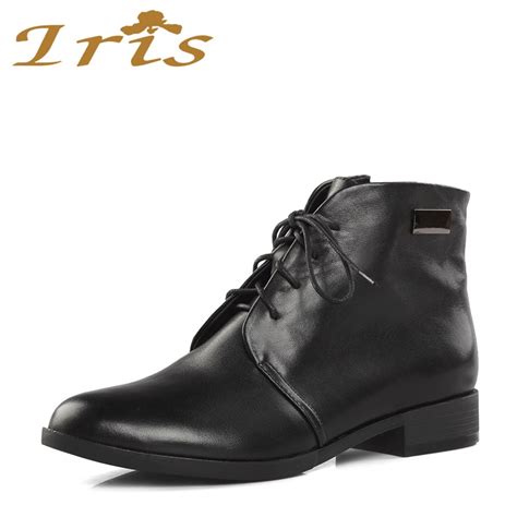 iris leather lace up boots women black low heels round toe supper