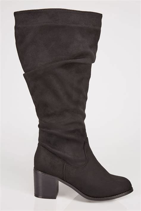 Black Ruched Knee High Boots In Eee Fit