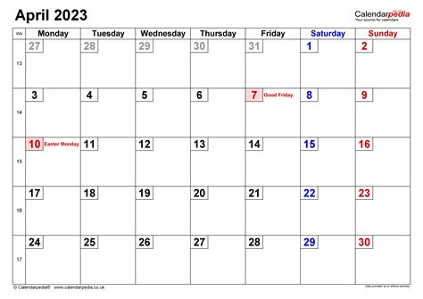 calendar april  uk  excel word   templates