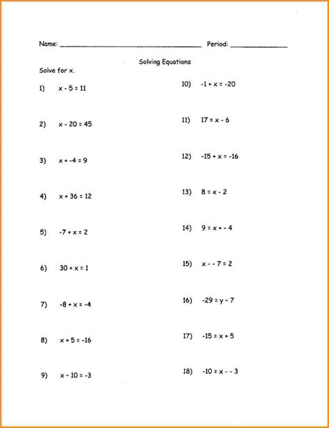 algebra solving equations worksheet
