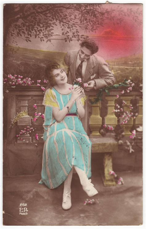 French Postcard Romantic Couple On A Bench Antique Vintage Hand