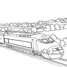 high speed train travelling   country landscape coloring page