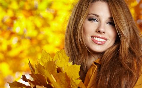 Wallpaper Face Sunlight Leaves Long Hair Brunette Yellow Autumn