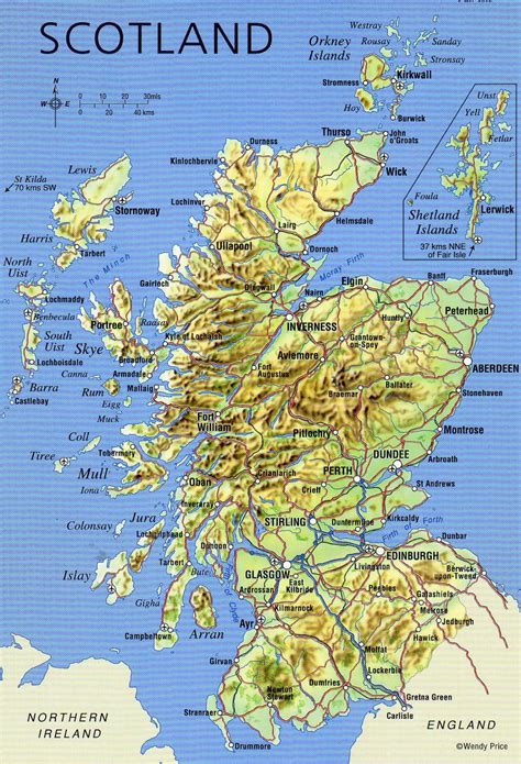 large detailed map  scotland  relief roads major cities