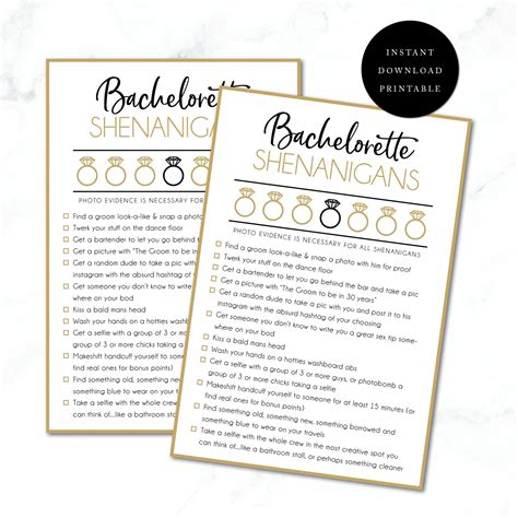 bachelorette scavenger hunt game printable cards gold and