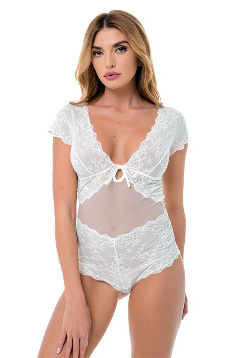 Women White Guipure Lace Romantic Mesh Bodysuit Elegant Sexy See