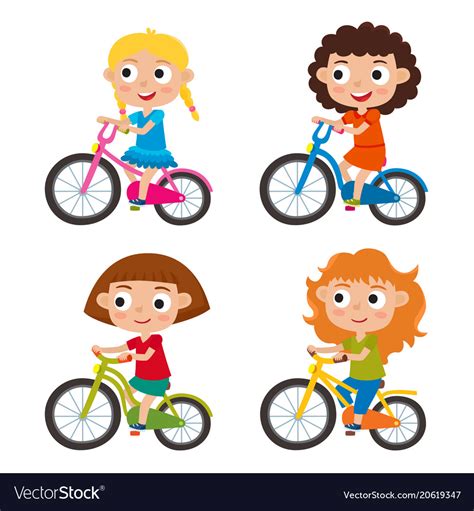 set of cartoon girls riding a bike having fun vector image