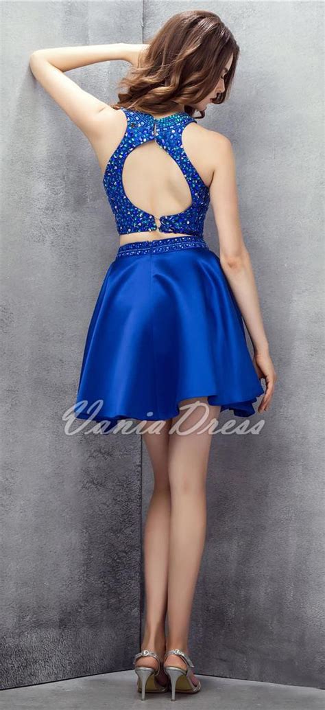 piece royal blue short satin cocktail dress  crystals beads ds   cocktail