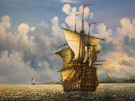 american school marine seascape oil painting spanish galleon ship cape