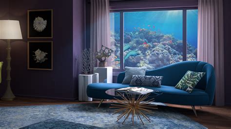mermaid inspired midcentury style living room