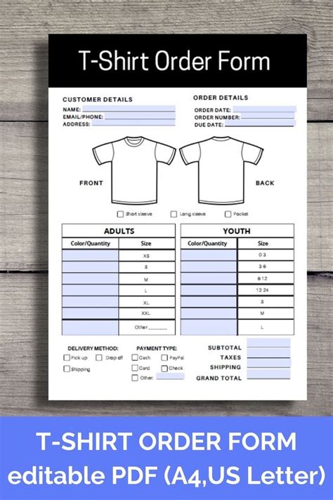 tshirt order form  small business editable template  letter