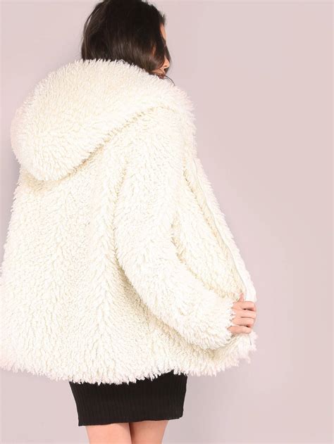 white zip  faux fur coat sheinsheinside