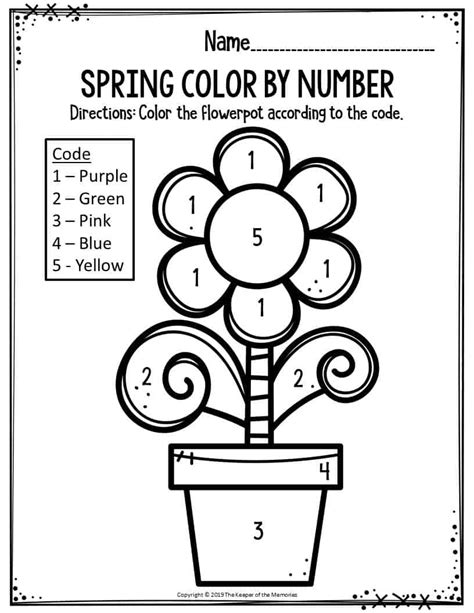 preschool worksheets spring color  number flowerpot  keeper