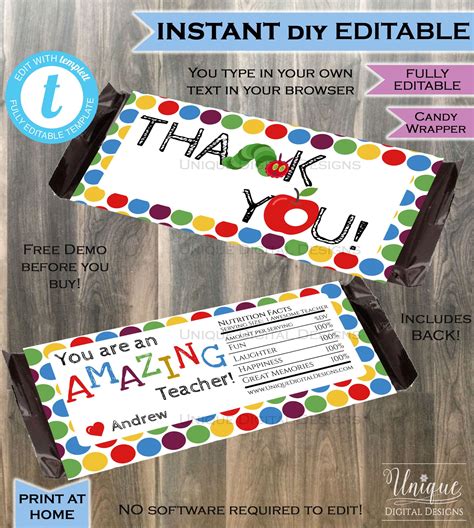 teacher appreciation gift editable candy bar wrapper teacher etsy