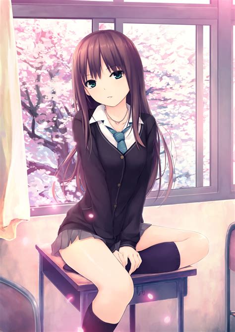 safebooru black legwear black socks brown hair cardigan cherry blossoms coffee kizoku curtains