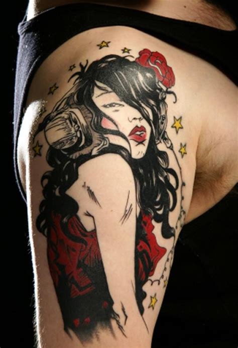 Illustrative Style Colored Shoulder Tattoo Of Seductive Woman With Rose