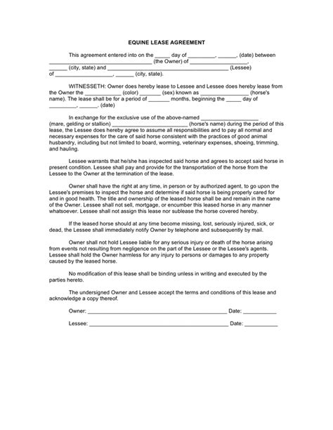 printable horse lease agreement printable templates