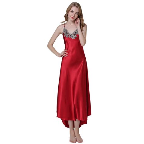 fashion women s sexy embroidery lace floral long nightgown satin night