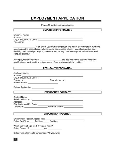 employment application form  word legal templates
