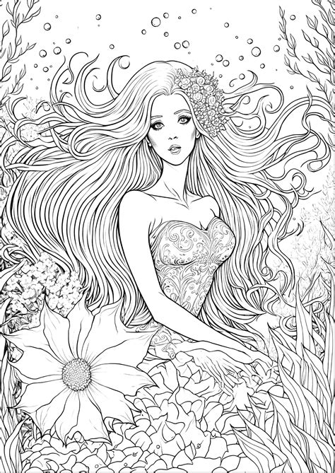 beautiful mermaid  long hair  flowers   hand surrounded
